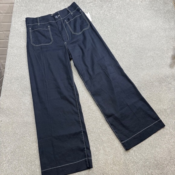 Maeve Colette Wide Leg Linen Blend Pants Crop Contrast Stitch Navy NWT 31 Tall - Picture 5 of 16